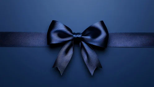 Dark Blue Bow on Ribbon Against Blue Background