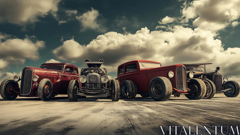 Row of modified vintage hot rods stands on open flat surface