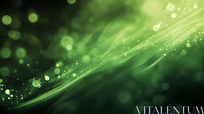 Abstract green light waves and glowing bokeh in digital art style.