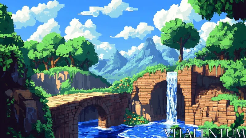 Pixel forest canyon with stone bridge and waterfall.