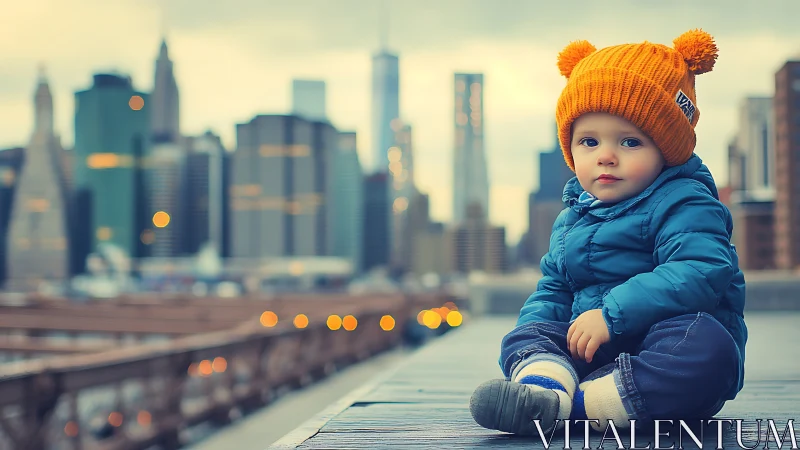 Toddler in Orange Beanie Against NYC Skyline.