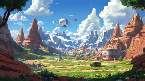 Futuristic settlement in red rock canyon valley landscape.