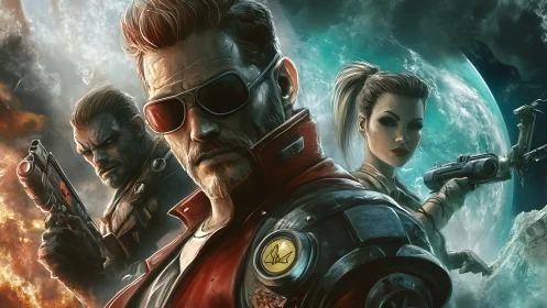 Trio of armed space mercenaries pose before a distant planet