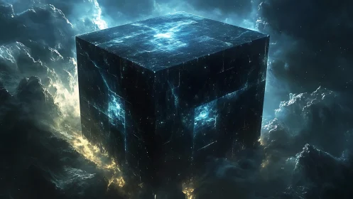 Astro-architectural monolith cube in luminous nebular storm.