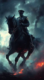 Storm-lit cavalry rider guides a dark horse through fire