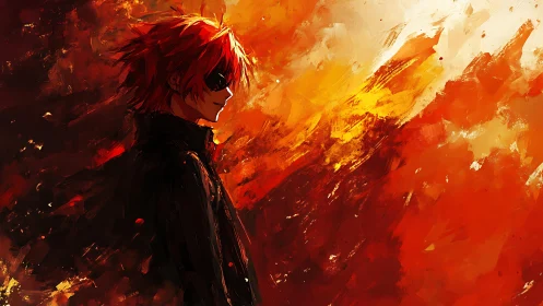 Red-haired lone figure stands against blazing abstract inferno.