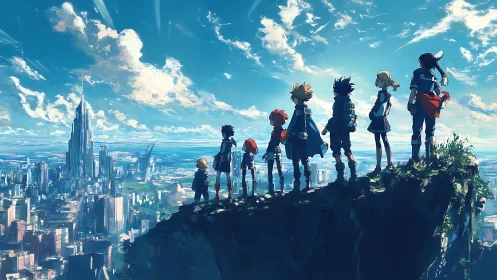 Anime skyline odyssey with silhouetted youth ensemble on cliff edge.
