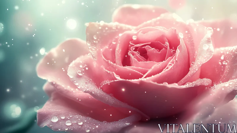 Pink Rose with Dew Drops Against Soft Turquoise Bokeh Background.
