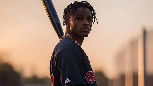 Sunset-ready baseball player stands calm with bat in hand
