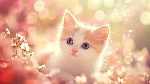 White feline kitten with peach-pink ears, amethyst eyes in soft bokeh garden setting