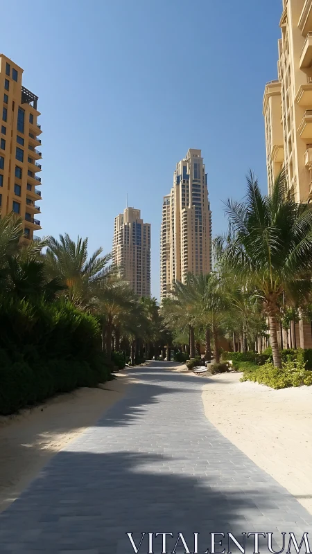 Urban high-rise towers framed by palm-lined pedestrian path.