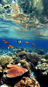High-clarity coral reef biome with tropical fish and caustic surface optics