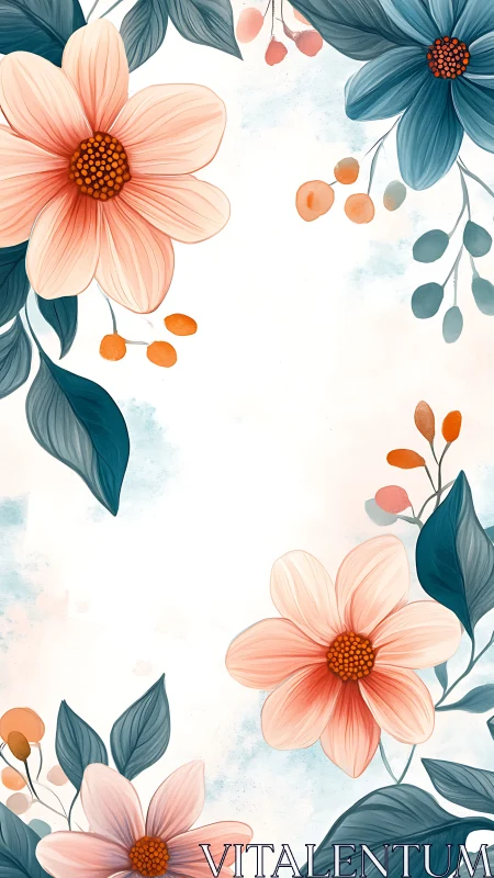 Watercolor Botanical Floral Composition with Gradient Cosmos Petals and Teal Foliage Elements