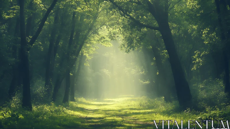 Sunlit forest path with lush greenery in a dreamy, tranquil style.