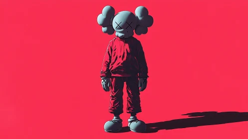 Cartoon figure in red tracksuit stands on flat pink field