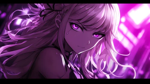 Violet neon gaze intensifies stormlit city sorrow portrait