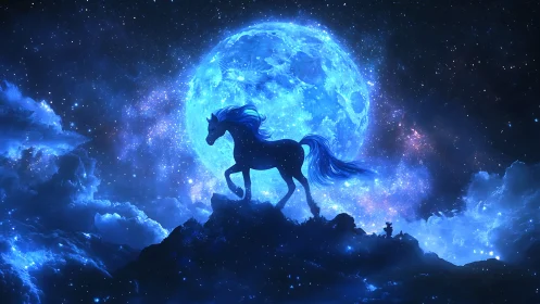 Celestial stallion strides beneath a radiant blue moon.