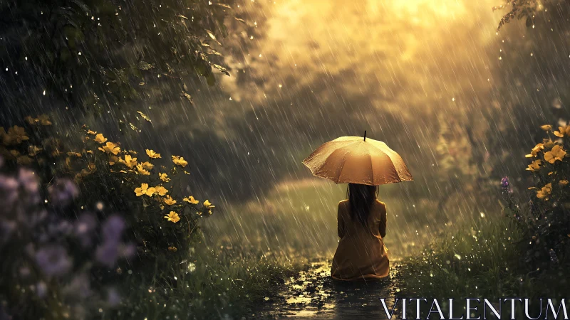 Solitary figure under umbrella in rainlit garden path.