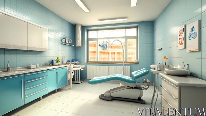 Sunlit turquoise dental room that feels calm and caring.