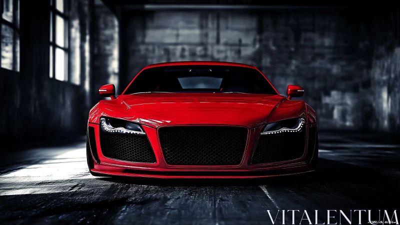 Low-slung red sports car glows in shadowy industrial garage.