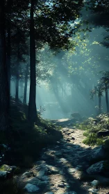 Misty Forest Stream with Dappled Sunlight Through Ancient Trees