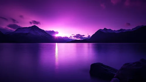 Dreamy purple sunset over calm mountain lake horizon.
