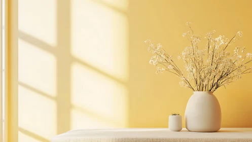 Minimalist beige vases with dried flowers near window light.