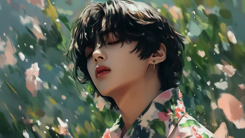 Floral-clad youth in bokeh garden, high-detail digital portrait.