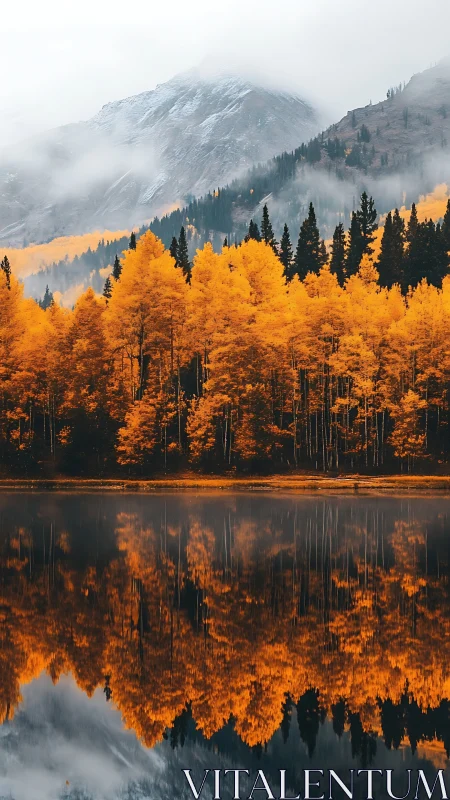 Autumn forest and mountain reflected sharply in still lake