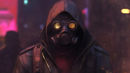 Hooded cyberpunk operative in gas mask walks through neon haze