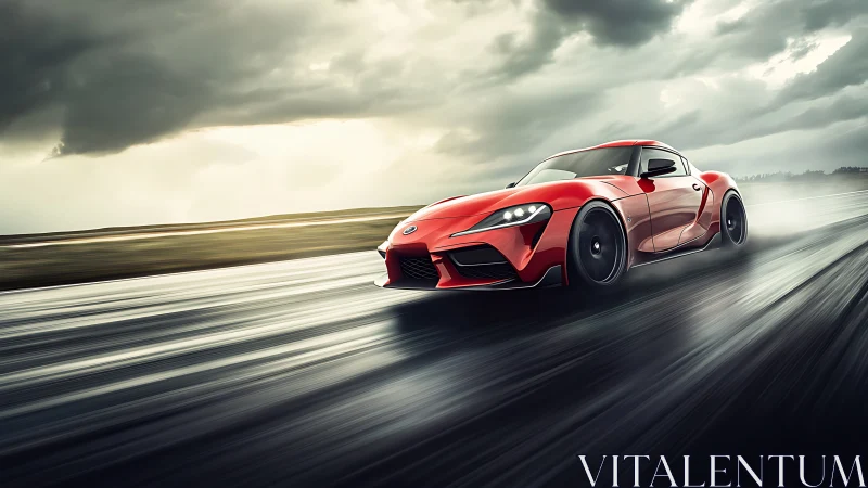 Red sports car slices through a rain-soaked track at speed