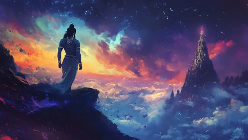 Solitary figure observes distant illuminated mountain structure