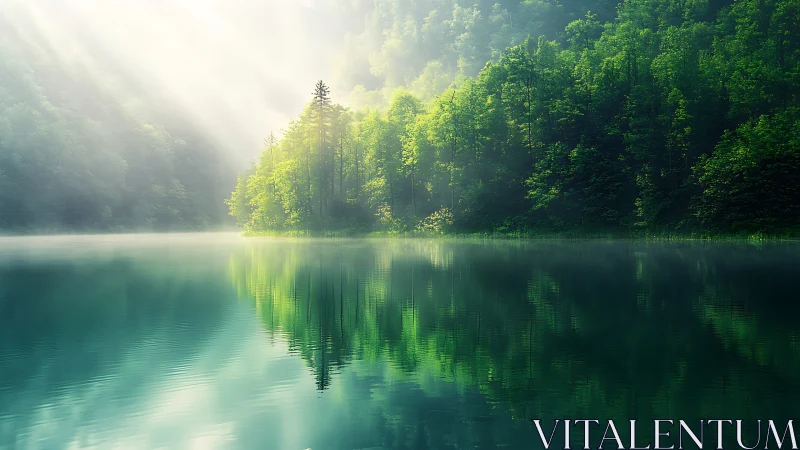 Mist-laden forest lake with volumetric sunlight and reflections.
