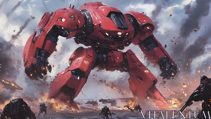 Giant red combat mech advances through burning battlefield