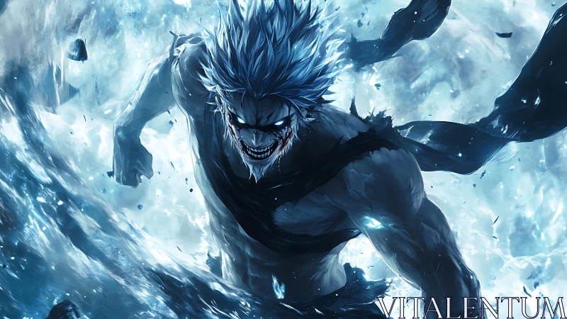 Ferocious ice-charged warrior surges forward in dynamic anime
