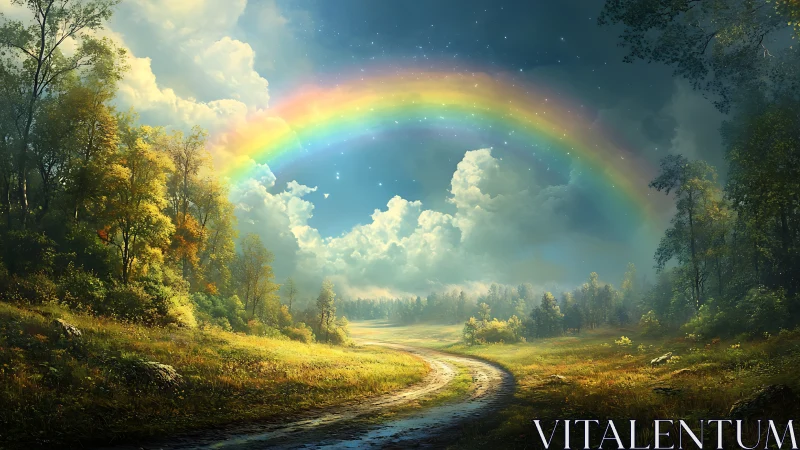 Curved dirt road under spectral rainbow with volumetric cloudscape