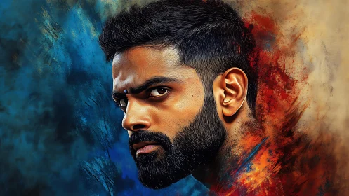 Intense bearded portrait split by vivid fire and ice tones.