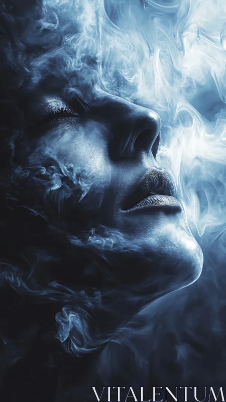Calm human profile emerging through swirling blue smoke.