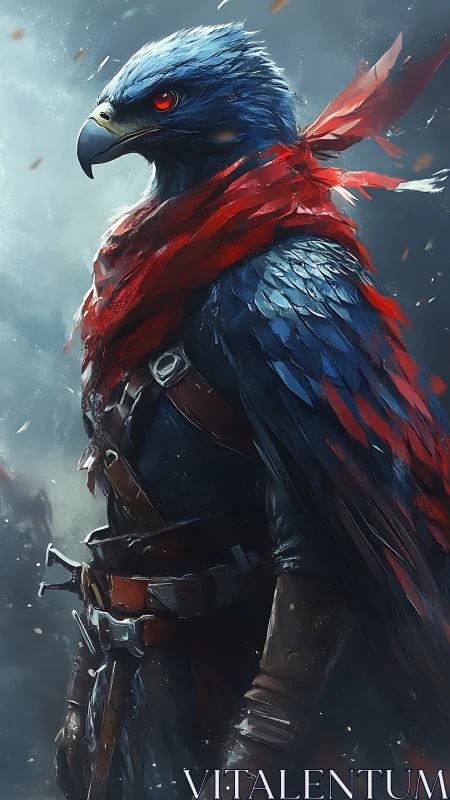 Crimson-scarfed hawk warrior stands ready in swirling mist