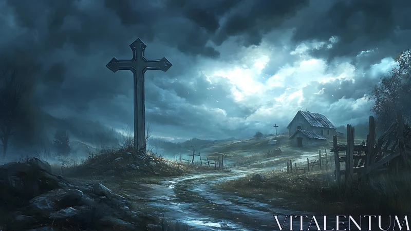 Stormy rural graveyard landscape with dominant foreground cross