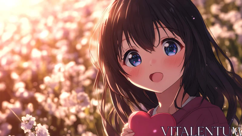 Backlit anime portrait with heart prop and floral bokeh field.