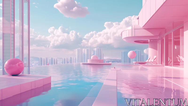 Contemporary Pink Architecture with Infinity Pool Overlooking City