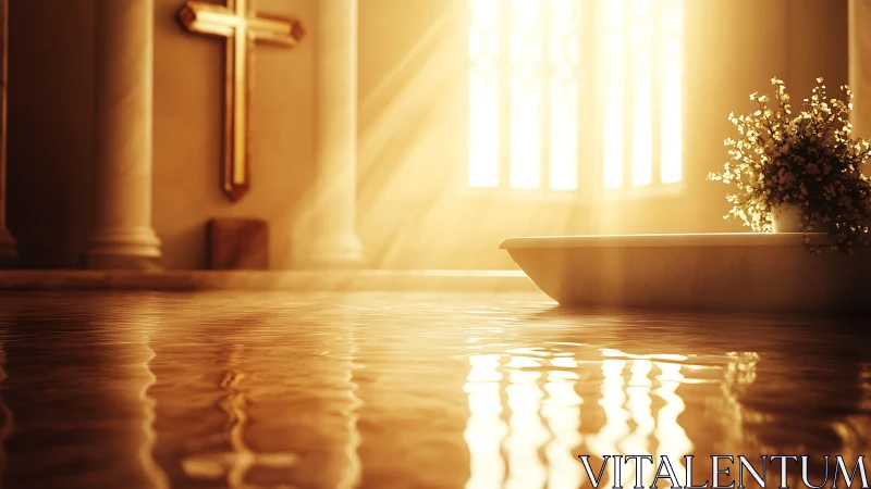 Golden baptismal waters shimmer beneath hushed cathedral light.