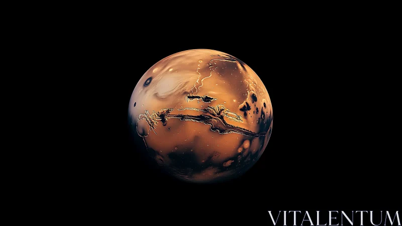 Mars emerges in dramatic light with carved canyons and craters.