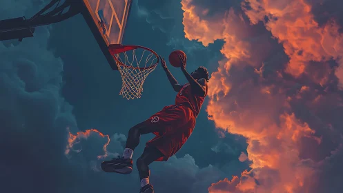 Skyline slam dunk ignites storm-lit basketball dreamscape.