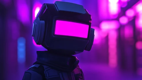 Neon visor wanderer cruising a violet cyber alleyway.