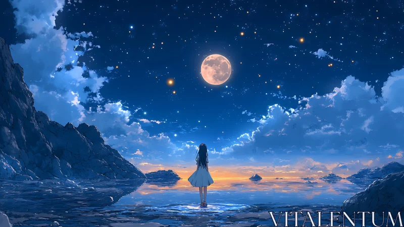 Solitary girl beneath full moon over reflective coastal shallows