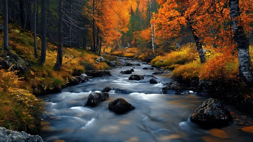 Autumn forest river with vivid foliage and flowing water.