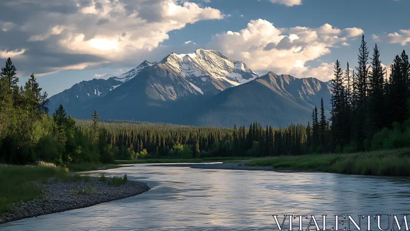 Snowcrowned mountain watches over a silver river hush.