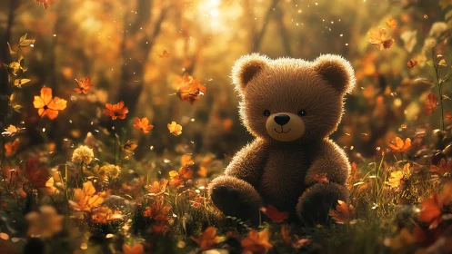 Teddy bear resting in a golden autumn meadow of soft light.